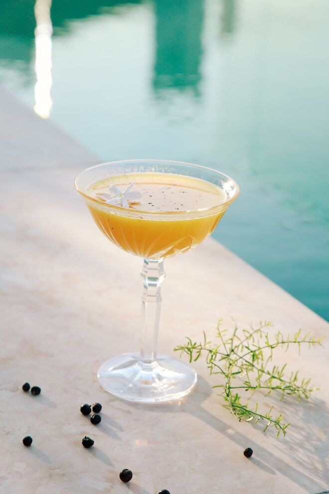 Cocktail Príncipe Real, feito com Tanqueray Ten, manga, curcuma, sumo de limão e água tónica