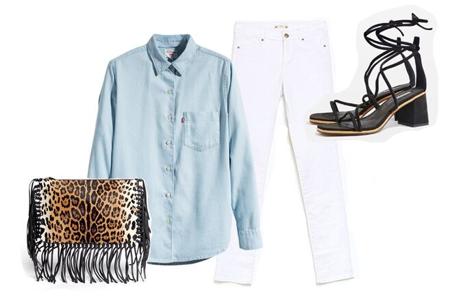 Camisa de ganga, €85, L’evis | Jeans cigarette, €25,99, Sfera | Sandálias de tiras, €64, Topshop | Clutch em pele com franjas, $1.450 (preço aproximado €1.240), Valentino, lanecrawford.com