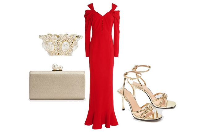 Vestido em crepe, €252, Mikael Aghal, theoutnet.com | Clutch fecho pérolas ouro, €19,99, Paco Martinez | Pulseira nacarada com pérolas, €59, Uterqüe  | Sandálias douradas, €29,95, Zara