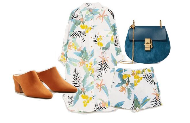 Camisa com estampado floral, €29,95, Zara | Shorts com estampado floral, €25,95, Zara | Mules com salto, €59,99, Mango | Mala Drew em pele e camurça, €1.390, Chloé, netaporter.com