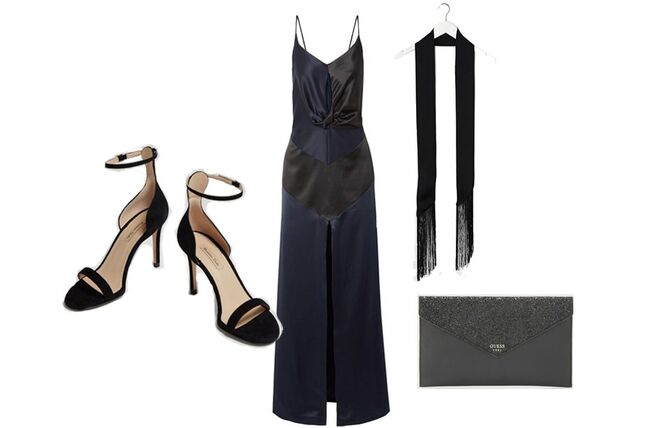 Vestido em seda e cetim, €1.036, Michel Lo Sordo, net-a-porter.com | Carteira de mão preta com aba glitter, €85, Guess | Lenço slim, €11,49, asos.com | Sandálias uma tira, €69,95, Massimo Dutti