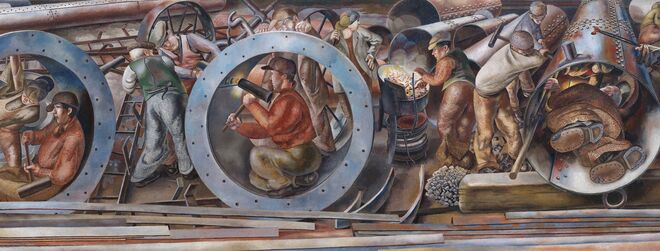 Pormenor de arrebite da série Shipbuilding on the Clyde, de Stanley Spencer, 1941 (Imperial War Museum). Exposição Ocean Liners: Speed and Style no Victoria & Albert Museum, em Londres