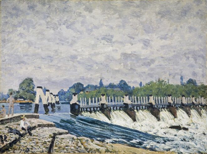 Le Barrage de Molesey, Hampton Court, effet du matin, de Alfred Sisley, 1874, Exposição Impressionists in London no Petit Palais, em Paris. 