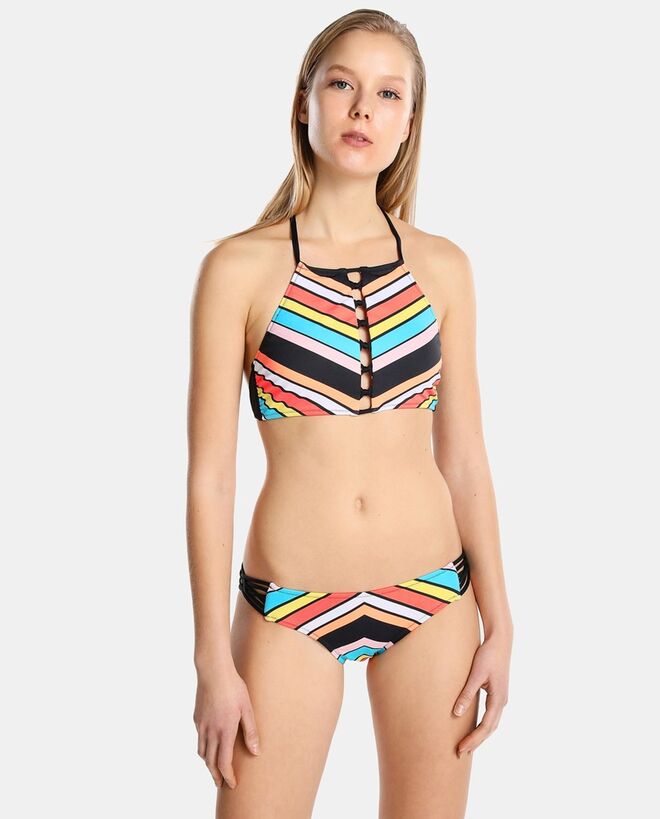 Triângulo Invertido | Biquíni às riscas multicolor parte de cima, €15,95, parte de baixo, €12,95, Easy Wear, El Corte Inglés 