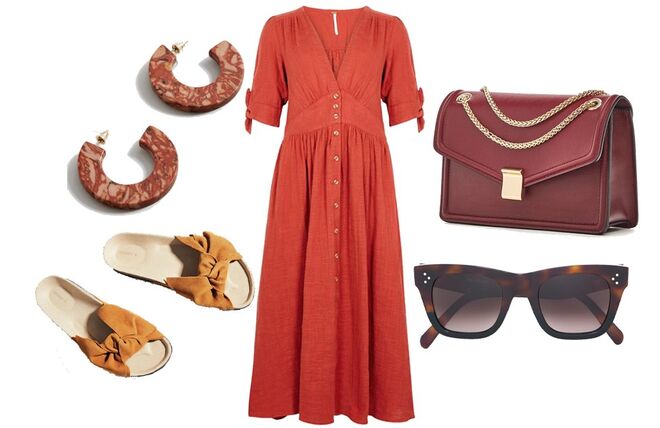 Vestido midi Love of My Life, €92,32, Free People, shopbop.com | Brincos de argolas de mineral, €9,99, Mango | Mala a tiracolo em pele com detalhe de corrente, €79,95, Massimo Dutti | Sandálias rasas com laço, €25,99, Oysho | Óculos Catherine, €531, Céline, farfetch.com  