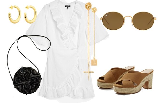 Vestido de trespasse com folho, €42, Topshop | Mala redonda em ráfia, €29,99, Oysho | Óculos redondos, €152, Ray-Ban | Colares em prata Dylan, €55, e Bella, €50, Cinco Store | Argolas em prata de primeira lei banhada a ouro de 18 quilates, €210, Tous | Sandálias em pele e esparto, €39,99, Mango 
