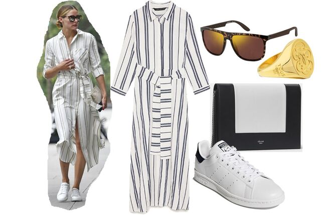 Vestido midi às riscas, €39,95, Zara | Clutch em pele bicolor, €950, Céline | Óculos de sol espelhados modelo 5003, €119,85, Carrera, mydreamglasses.com | Anel Rubric em Prata Vermeil, €95, Tous | Ténis Stan Smith, €94,95, Adidas