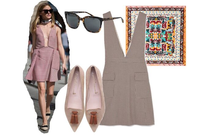 Vestido decotado em xadrez, €260, See by Chloé, net-a-porter.com | Lenço estampado, €49, Bimba Y Lola | Óculos de sol, €143,99, Emporio Armani, asos.com | Slippers com berloque, €159, Pretty Ballerinas, El Corte Inglés