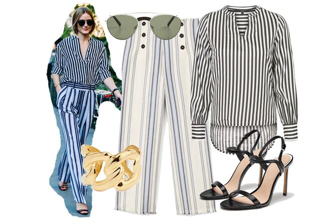 Camisa às riscas, €34,99, Vero Moda, El Corte Inglés | Calças às riscas em linho, €39,99, Mango | Óculos de sol Rocket Man Edition, €67, Les Specs, shopbop.com | Pulseira dourada, €145, Kenneth Jay Lane, net-a-porter.com | Sandálias de tiras, €29,95, Zara 