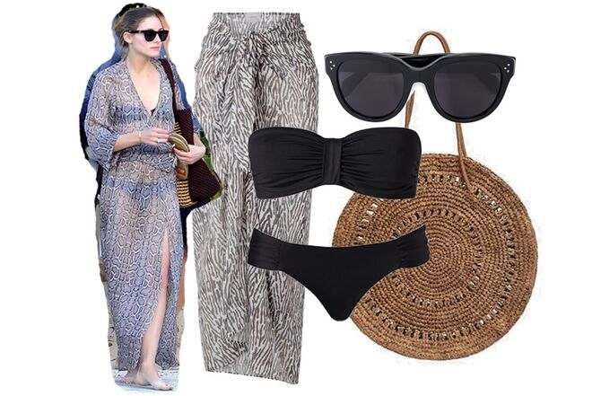 Páreo em seda, €160, On The Island By Marios Schwab | Bíquini preto parte de cima, €30, parte de baixo, €15, Calzedonia | Mala redonda em ráfia, €29,99, Oysho | Óculos de sol Audrey, €352, Céline, farfetch.com 