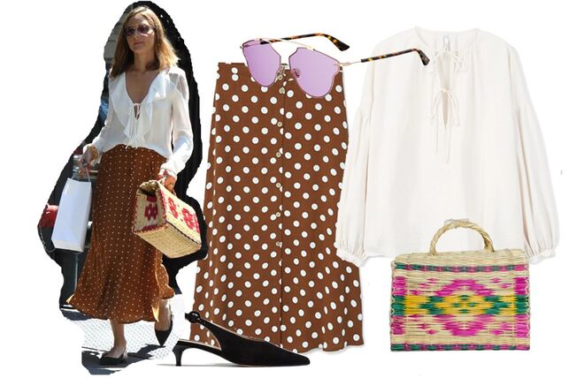 Blusa branca, €39,99, Mango | Saia castanha às bolinhas, €29,99, Mango | Óculos de sol rosa So Real Pop Monochromatic, €354,63, Dior, Neiman Marcus | Mala em ráfia Maria La Portuguesa, €50, La Petit Sardine | Sapato sem calcanhar de pele preto, €69,99, Massimo Dutti 