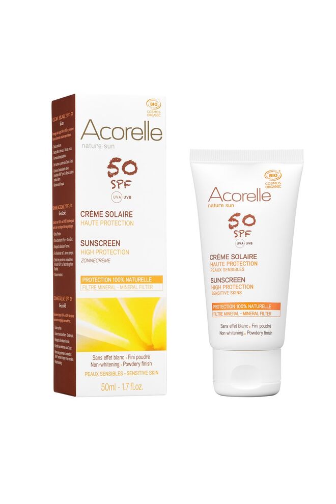Crème Solaire Bio SPF50, protetor de rosto mineral para peles sensíveis, €19, Acorelle, na Organii