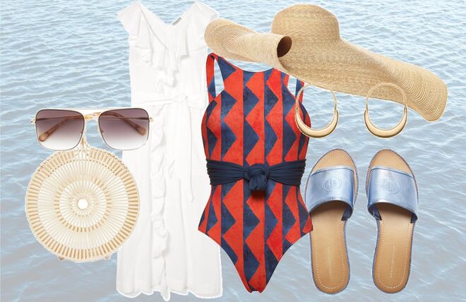 Fato de banho, €110, Latitid | Vestido midi, €519, Three Graces London, net-a-porter.com | Chapéu em palha, €255, antes €365, Jacquemus, mytheresa.com | Sandálias rasas metalizadas, €59,90, antes €74,90, Tommy Hilfiger, El Corte Inglés | Brincos Cassandra em prata, €45, Cinco Store | Óculos de sol quadrados, €375, Chloé, farfetch.com |Mala Zaha em bambu, €235, Cult Gaia, net-a-porter.com  