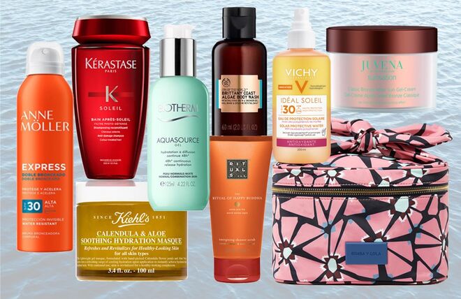 Nécessaire com laço, €28, antes €48, Bimba Y Lola | Champô de proteção solar Bain Après-Soleil, €19,90, Kérastase | Bruma bronzeadora Express, €24,25, Anne Möller, Perfumes & Companhia | Água Protetora Antioxidante SPF30 Ideal Soleil, €   , Vichy | Máscara calmante e apaziguante Calendula & Aloe, €45, Kiehl’s | Esfoliante corporal de duche The Ritual Of Happy Buddha, €10, Rituals | Gel de banho Brittany Coast Algae, €4, The Body Shop | Hidratante de rosto Aquasource, €62,90, Biotherm, Perfumes & Companhia | After sun Classic Bronze Gel-Cream Sunsation, €46, Juvena, Perfumes & Companhia  