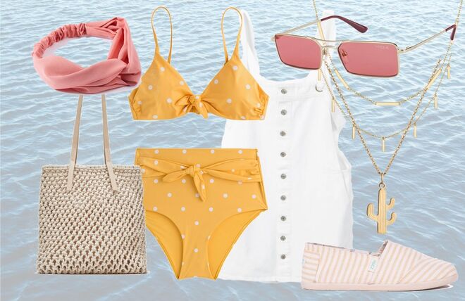 Biquíni às bolinhas soutien, €17,99, cuecas, €15,99, Oysho | Jardineiras em ganga branca, €29,99, Mango | Óculos de sol retangulares Vogue x Gigi, €163,99, Vogue, asos.com | Fita de cabelo rosa, €5,95, El Corte Inglés | Tote bag de tecido com nós, €25,25, Zara | Colar com cato em prata, €35, choker em prata, €72, colar com chapinhas em prata, €66, Omnia | Alpercatas vegan, €34,93, antes €49,90, Paez 