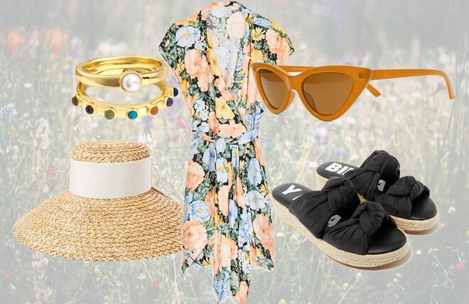 Vestido de linho estampado, €99, Uterqüe | Chapéu em ráfia, €594, Eugenia Kim, net-a-porter.com | Óculos de sol cat eye, €15,95, Zara | Anel Super Power em prata Vermeil com pedras preciosas, €110, Tous | Sandálias com nó, €120, Bimba Y Lola