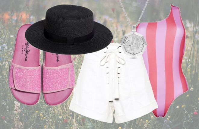Fato de banho às ricas, €90, 38 Graus | Calções brancos, €270, Self-Portrait, mytheresa.com | Chinelos com glitter, €33, antes €55, Pepe Jeans, El Corte Inglés | Chapéu em ráfia, €13,99, South Beach, asos.com | Colar em prata com medalhão, £159, aproximadamente €179, Missoma
