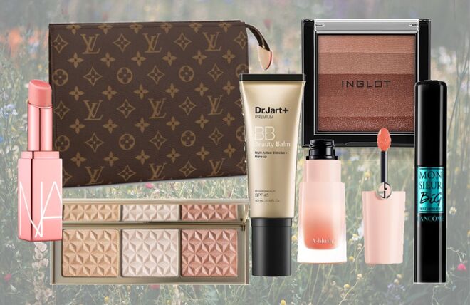 Nécessaire com monograma, €300, Louis Vuitton | BB Cream com SPF 45, €35,95, Dr. Jart, Sephora | Blush líquido A-blush, €36, Giorgio Armani, feelunique.com | Bronzer AMC Multicolour System, €19,90, Inglot | Máscara de pestanas Monsiur Big Waterproof, €29,40, Lâncome, Perfumes & Companhia | Paleta de iluminadores Gold Bar, €38, Cover FX, beautybay.com | Bálsamo labial Afterglow Orgasm, €27,95, Nars, Sephora