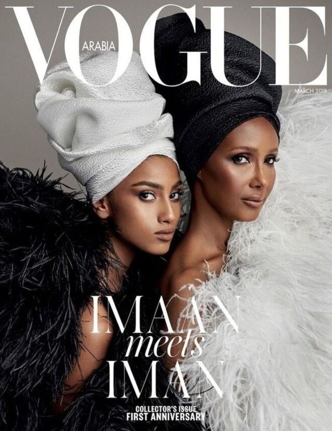 Em março deste ano foi capa da Vogue Arábia ao lado de Imaan Hammam.
