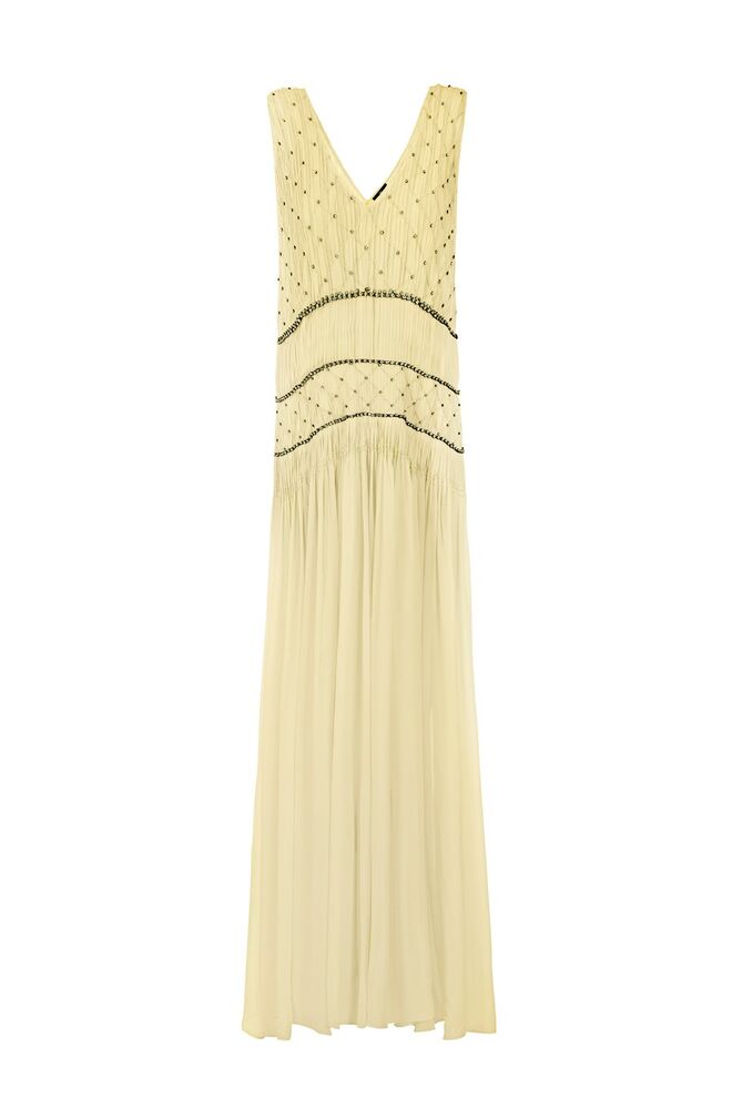Vestido amarelo com pedraria, €1.194, Elisabetta Franchi