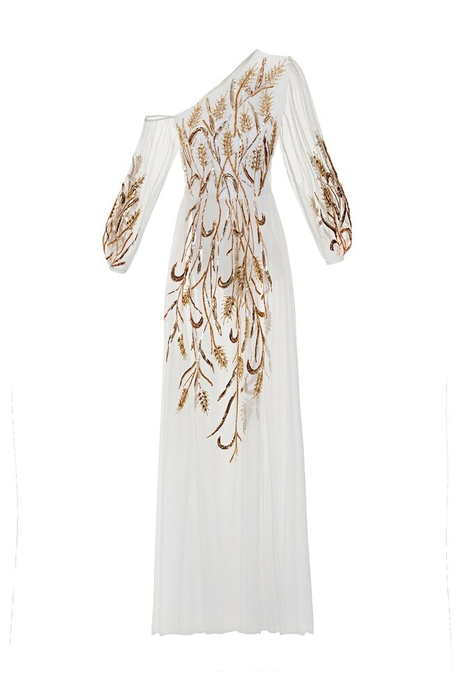 Vestido comprido decote assimétrico, €1.837, Elisabetta Franchi 