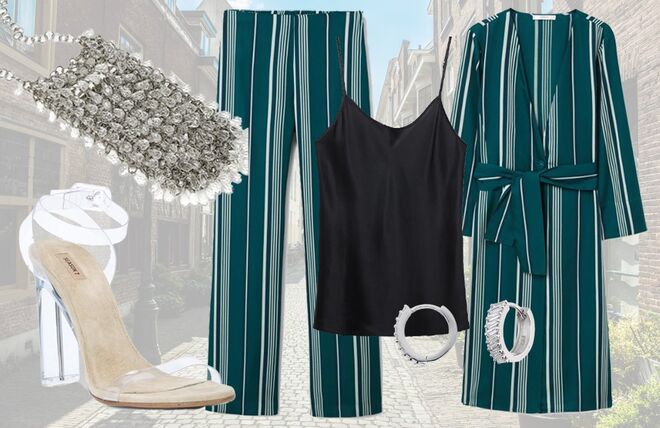 Top em cetim de sede, €39,90, Intimissimi | Cafetã às riscas, €59,99, Mango | Calças às riscas, €49,99, Mango | Argolas em prata lei 925 e zircónias quadrada, €89, Magnólia | Clutch com cristais, €35,95, Zara | Sandálias de salto em PVC, €1.220, Yeezy