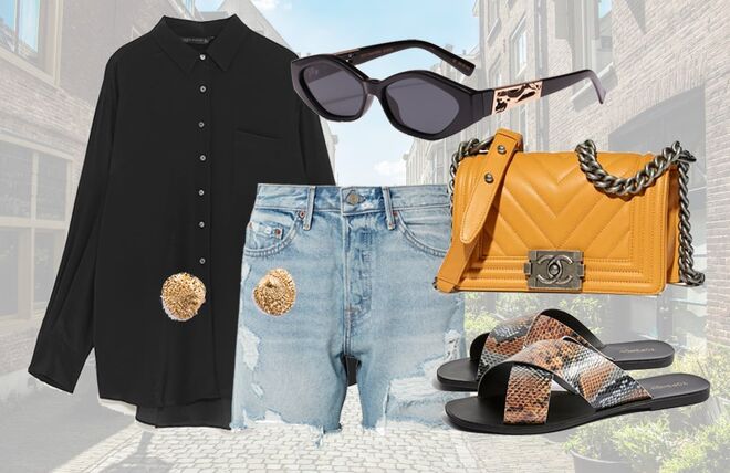 Camisa preta de seda, €49,95, Zara | Shorts de ganga distressed, €200, GRLFRND, net-a-porter.com | Óculos de sol Petit Panthère, €115, Les Specs | Brincos em prata, €50, Juliana Bezerra | Carteira Petite Boy, €3.660, Chanel | Sandálias efeito cobra, €32, Topshop