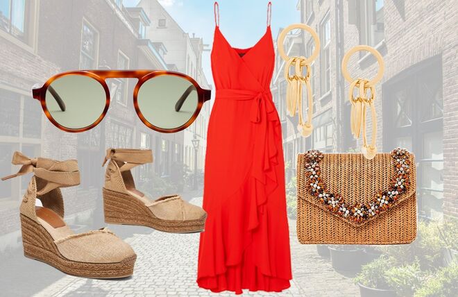 Vestido envelope com folhos, €231, J. Crew, net-a-porter.com 
| Brincos Reese, €250, Chloé, farfetch.com | Óculos de sol, €148, Fora Sunglasses | Carteira em ráfia com pedraria, €99, Uterqüe | Cunha de junta atada, €79, Uterqüe
