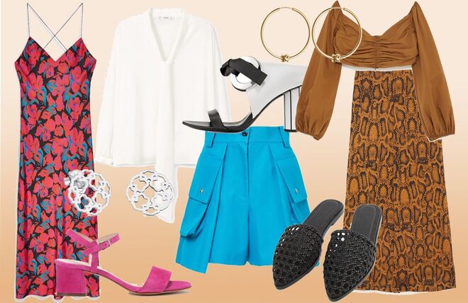 Vestido de cetim floral, €52, Topshop  | Brincos em prata Mosaic Power, €65, Tous | Sandálias em pele fúscia, €29,99, antes 69,99, Gloria Ortiz, El Corte Inglés | Blusa com laço, €29,99, Mango | Calções cinta subida, €378, antes €755, Sacai, farfetch.com | Mules bicolor, €795, Proenza Schouler, net-a-porter.com  | Blusa cropped drapeada, €39,95, Zara | Argolas com nó, €72, Omnia| Calças com estampado de serpente, €39,95, Zara | Mules entrançadas, €30,99, Asos Design, asos.com