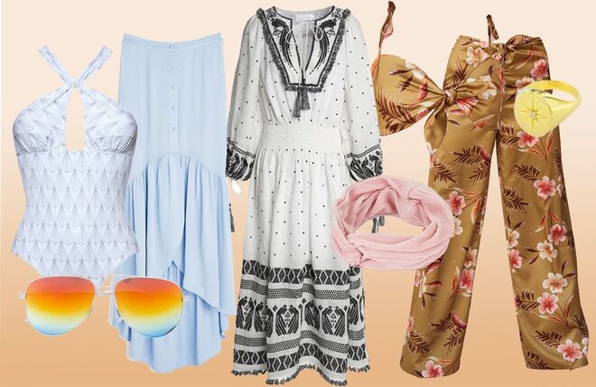 Fato de banho com padrão geométrico, €120, Latitid | Saia midi azul celeste, €79, Uterqüe | Top floram com nó, €104, LPA, revolve.com | Calças florais, €167, LPA, revolve.com | Vestido em linho, €571, Zimmerman, theoutnet.com | Óculos de sol estilo aviador, €295, Saint Laurent, farfetch.com | Fita turbante rosa, €7,95, El Corte Inglés | Anel em prata, €60, HLC Jewellry 