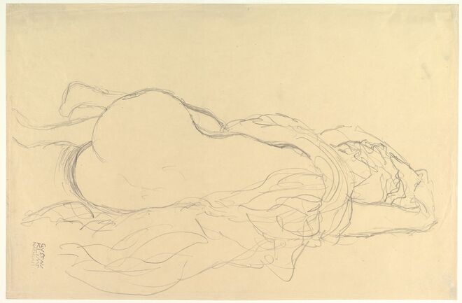 Reclining Nude with Drapery, Back View, Gustav Klimt. Obsession Nudes by Klimt, Schiele and Picasso no Metropolitan Museum de Nova Iorque.