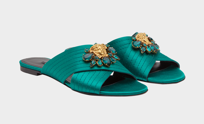 Medusa Crystal Satin Slides, €750, Versace
