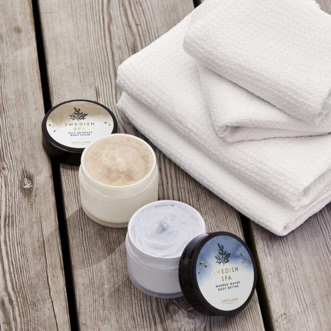 Swedish Spa Esfoliante Corporal, 200 ml, €16, e Swedish Spa Manteiga Corporal, 200 ml, € 15, Oriflame