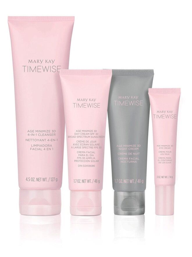 Conjunto Milagroso 3D TimeWise composto por Leite de Limpeza 4 em 1 , Hidratante de Dia com FPS 30, Hidratante de Noite e Creme de Olhos, €130, Mary Kay