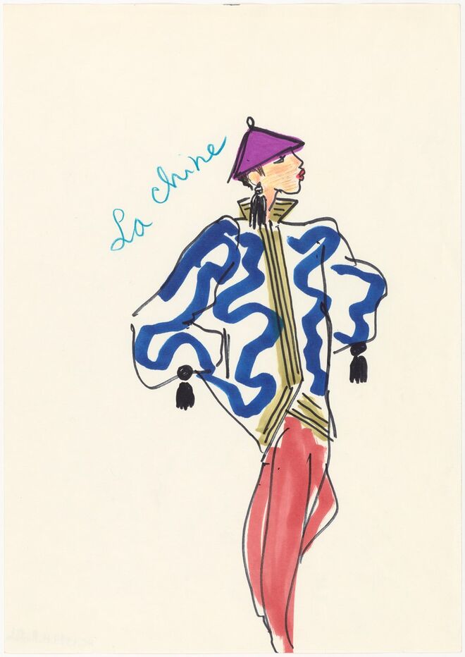 Desenho de Yves Saint Laurent. Exposição Yves Saint Laurent: Dreams of the Orient, em Paris.