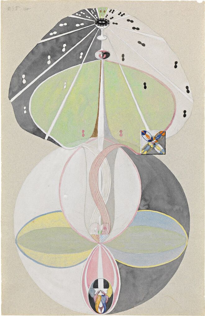 Tree of Knowledge, No. 5 da série The W, 1915. Exposição Hilma af Klint: Paintings for the Future, em Nova Iorque.