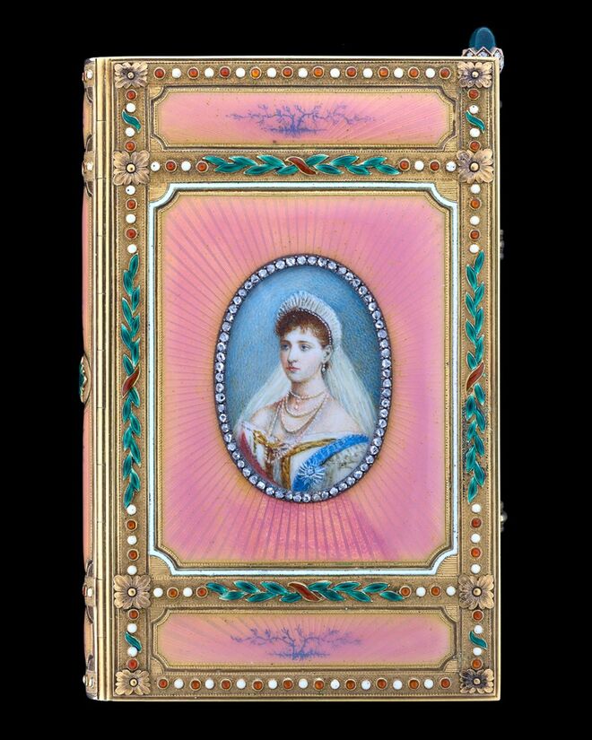 Bloco de notas com miniatura da Imperatriz Alexandra, Fabergé, 1894. Exposição Fabergé Rediscovered.