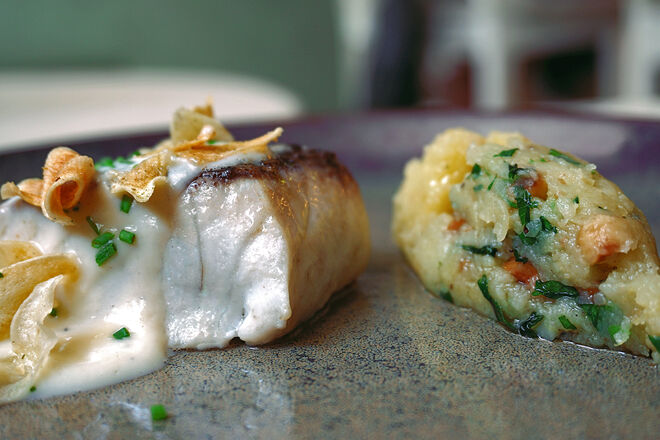 Cherne corado com molho de fricassé, esmagada de batata com avelã, coentros e salsifis