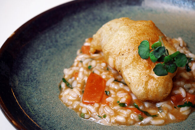 Filete de peixe-galo fresco panado e arroz de tomate com berbigão e coentros