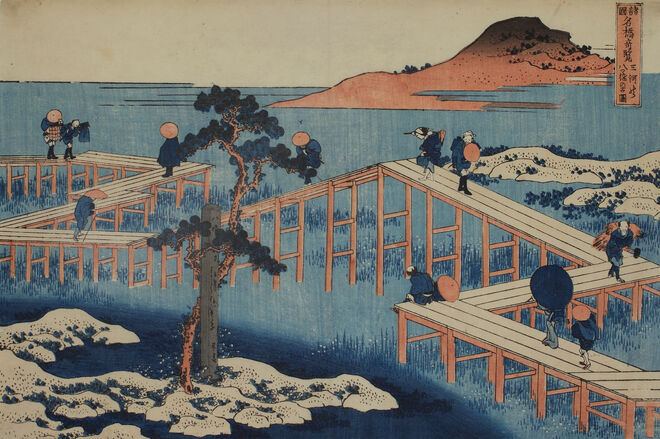 Vistas raras de pontes famosas em províncias diferentes: A ponte de oito partes em Mikawa, Katsushika Hokusai, por volta de 1831/32. Exposição Fascination Japan.