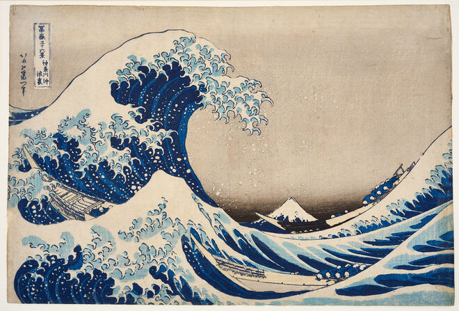 36 vistas do Monte Fuji: sob a onda em Kanagawa, Kasushika Hokusai, por volta de 1830. Exposição Fascination Japan.