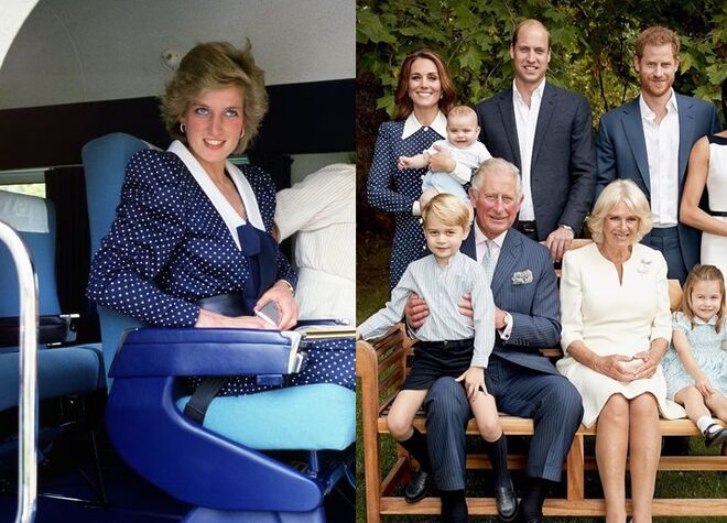 Diana em 1985 e Kate Middleton no retrato oficial que assinala os 70 anos do príncipe Carlos, em novembro de 2018.