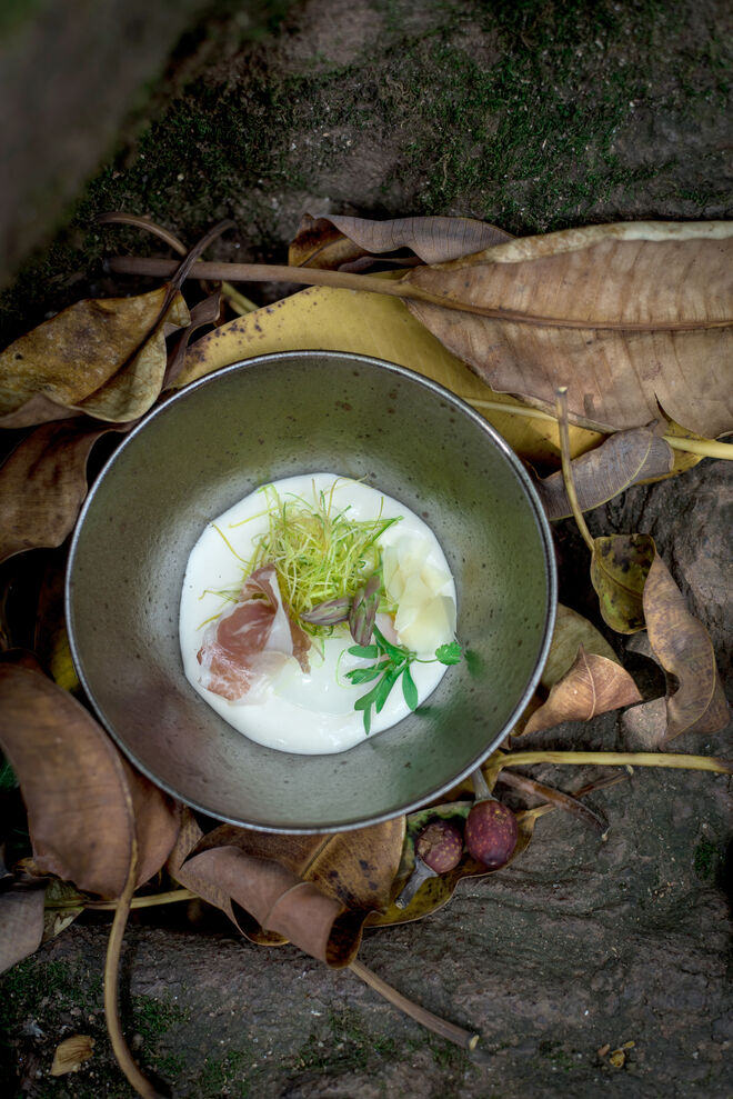 O ovo a baixa temperatura cozinhado em creme de queijo do Rabaçal DOP, com cogumelos e castanha, finalizado com presunto de javali da Lousã