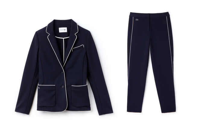 Blazer, €275, calças, €165, Lacoste