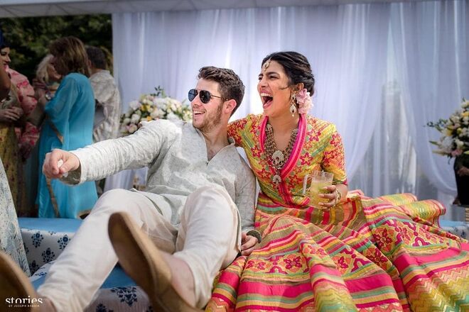 Priyanka Chopra e Nick Jonas numa das celebrações do casamento, na Índia.