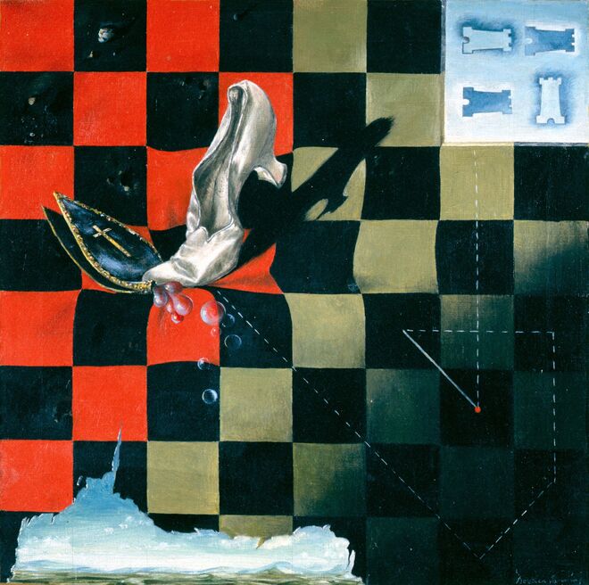 Endgame, 1944. Dorothea Tanning. Detrás de la puerta, invisible, outra puerta, no Museo Nacional Centro de Arte Reina Sofia, em Madrid.