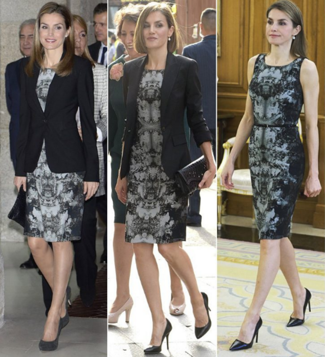 A rainha Letícia tem uma predileção especial pela Hugo Boss. Este vestido, por exemplo, foi recliclado nove vezes.