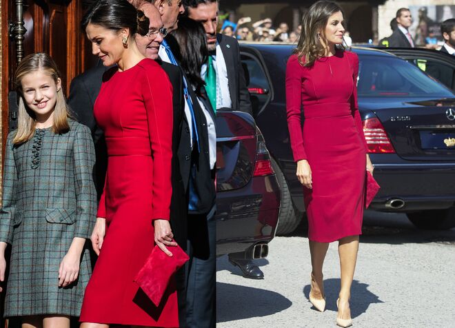 Letizia já usou duas vezes este vestido encarnado da Carolina Herrera, primeiro com o cabelo solto e agora com o cabelo apanhado para a celebração dos 40 anos da Constituição espanhola, em Madrid.  