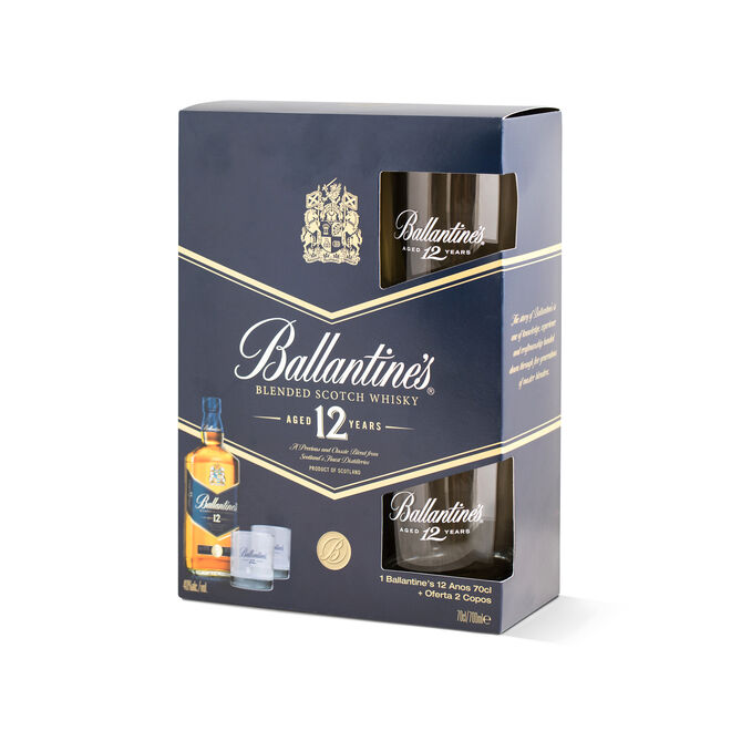 Pack Ballantine's 12 com oferta de 2 copos, €19,99, Ballantine's