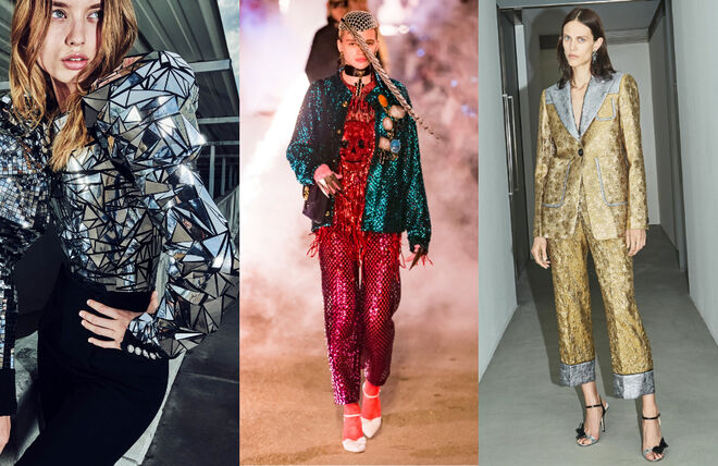 Os brilhos trazem luminosidade aos dias cinzentos. Os tecidos brilhantes em silhuetas simples e as texturas criadas com conjugações complexas são duas abordagens bem diferentes, sem esquecer o dourado que tem um lugar de destaque. 